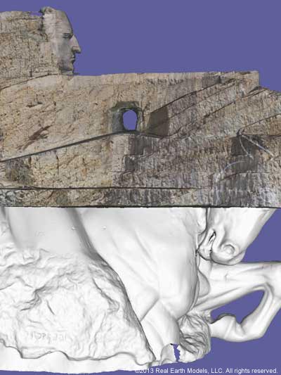 Superimposed images of PhotoReal&trade; models of the mountain and the sculpture